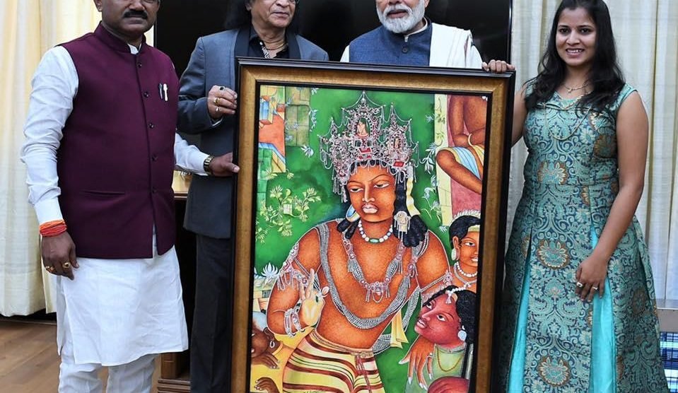 Late Mr M.R Pimpare offering a digital painting from Ajanta Temple to Shri Prime Minister Narendra Modi